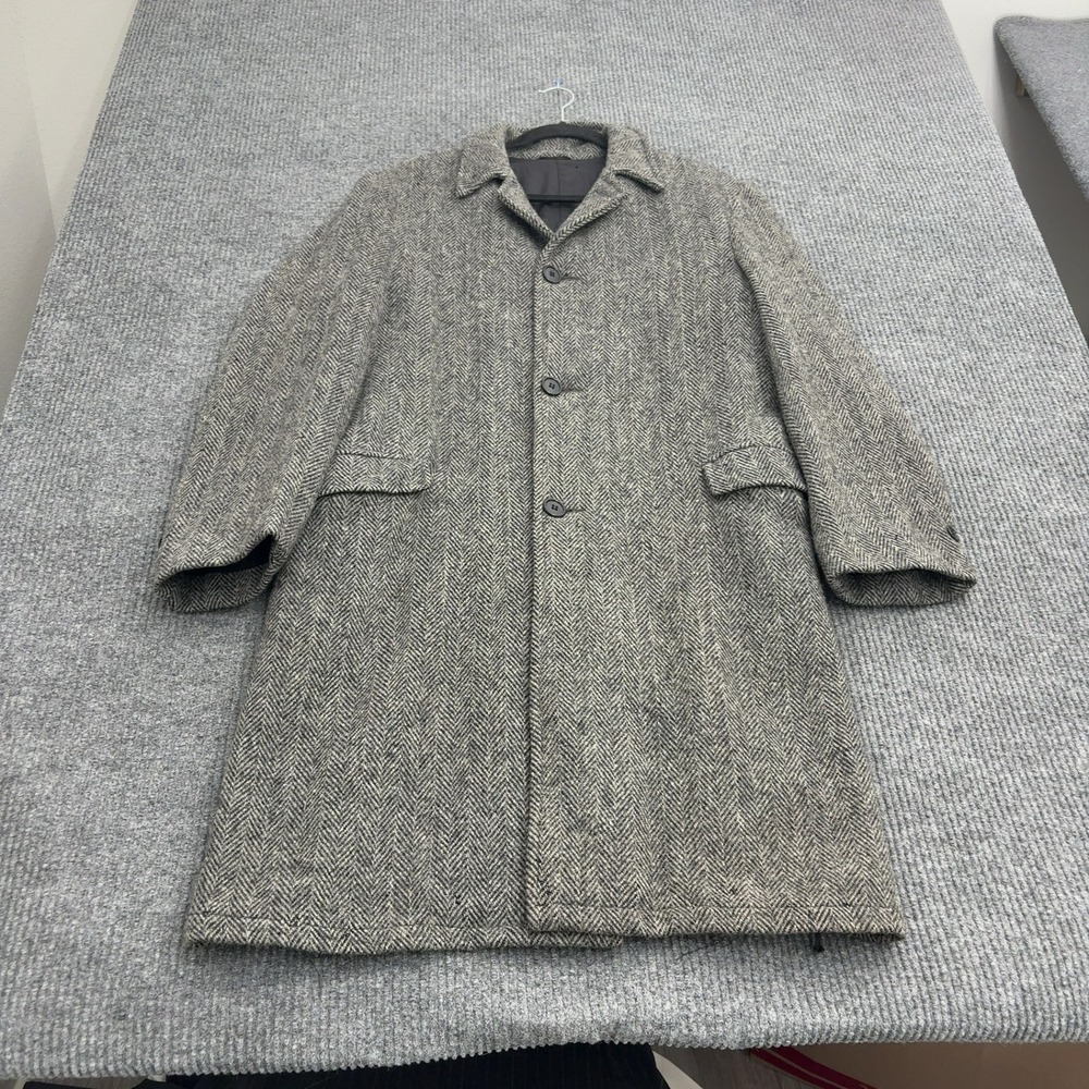 Vintage Harris Tweed Overcoat Mens L Grey Wool Herringbone Long Jacket Classic